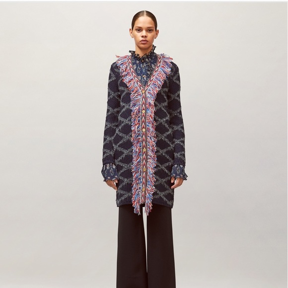 TORY BURCH TWEED TRIM LONG WOOL CARDIGAN WITH ALLOVER FRINGE IN TORY NAVY SIZE S - Picture 3 of 8